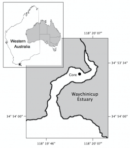 Figure 1. Location of the study site, Waychinicup Estuary, Western Australia and location of the coring point in the Posidonia australis meadow.